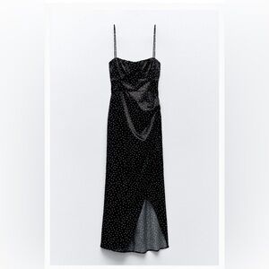 Zara Dotted Polkadot Satin Effect Black Corset Dress with Slit